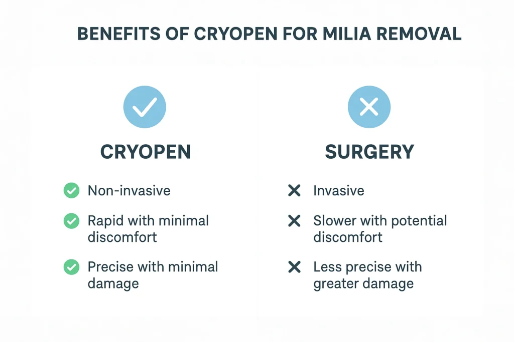 Benefits of cryopen for milia removal Somerset compared to surgical treatments.