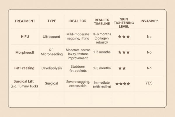Table showing the comparisons of Skin tightening Somerset treatment options.